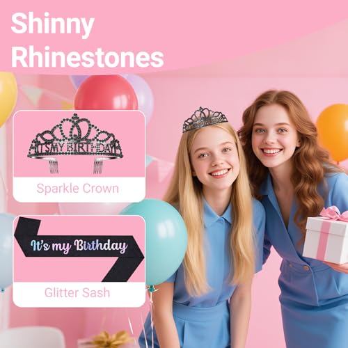 Birthday Tiara and Crown with Sash, Birthday Tiara for Women Party Black