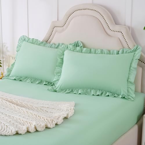 Image of Homiest 2-Pieces Ruffle Pillow Case & Fitted Sheet Set, Sage Green Twin Sheets with Ruffled Pillow Shams, 15 Inch Deep Pocket, Cute & Coquette Microfiber Bed Set for Decorating Bedroom Hotel