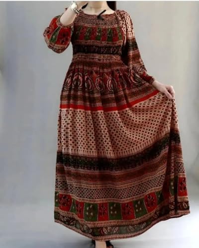 Image of Women's Cotton Dress Jaipuri Sanganeri Print Midi Long Dress Printed Fit and Flare Maxi Dress A-Line Gown Dress Maxi Skirt, Mandala (Free Size)