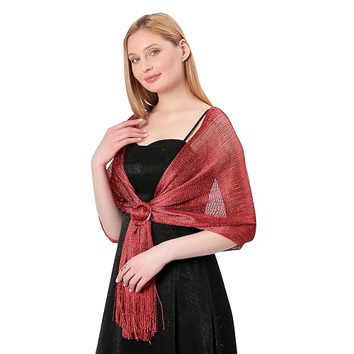 Image of Stoles for Evening Dress with Buckle, Fringes - Polyester Blend, Shimmer Stole Wraps for Weddings, Party | Women's Clothing