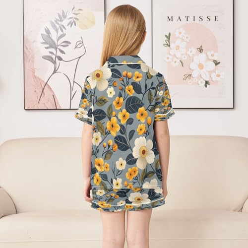 senya Pajama Sets Silky Button Down Nightwear Sleepwear Size 5-14 Years Flower Color Yellow White Pattern4