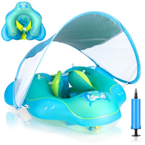 Flotador Bebe, Flotador para bebés con toldo de protección Solar SPF50+ extraíble Flotadores para niños recién Nacidos Asiento de natación Ajustable Flotador de Piscina para 6 36 Meses, Azul