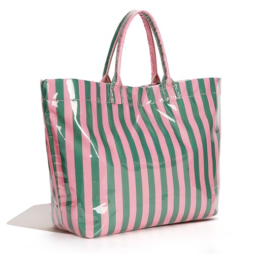 Image of Lushandy Striped PVC Tote Bag for Women, Waterproof Plastic Tote Bag for Beach Pool Large Top Handle Travel Hobo Handbag | Waterproof Material