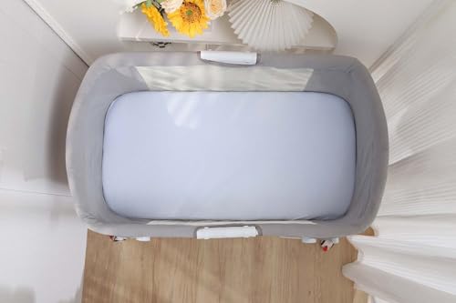 Image of Onacosht 100% Organic Cotton Bassinet Sheets 35 inch x 20 inch Compatiable with AMKE 3 in 1 & Gofirst Baby Bassinet, 2 Pack Jersey Knit Fitted Sheet for Baby Boy and Girl, Grey and Pastel Blue