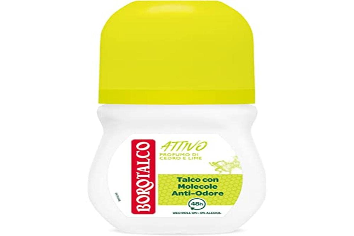 Borotalco Gelb Deodorant Roll-On Aktiv Formel Ohne Alkohol Und Mit Talkum Mit Anti-Geruchsmolekülen, Frische Wirksamkeit, 48H Wirksamkeit, Duft Von Zeder Und Limette - 1 Flasche Mit 50 Ml