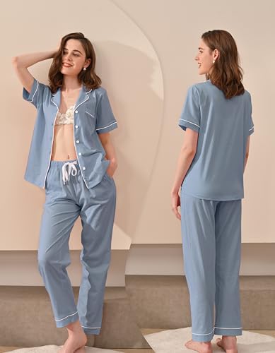 Image of NAP BOUND 100% Cotton Women's Pajama Sets Short Sleeve Button Down Soft Pjs 2 Piece Lounge Set with Pocket Nightwear XS-XXL