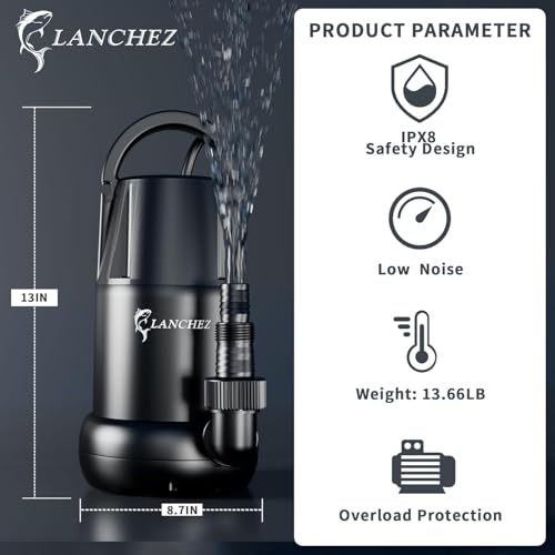 LANCHEZ Sump Pump 3/4 HP 4450 GPH Submersible Water Pump Thermoplastic Portable Utility Pump High Flow Water Removal for Swimming Pool Garden Pond Basement Window Wells with 25ft Long Power Cord