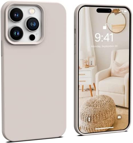 IceSword iPhone 14 Pro Max Case Stone, Liquid Silicone Shockproof Phone Case Cover, Light Beige Tan Cream Warm Sand Pearl Cute, Drop Protective (Soft Anti-Scratch Microfiber Lining) 6.7" 14PM - Stone