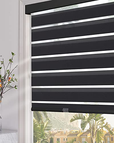 Image of Persilux Cordless Zebra Blinds for Windows (32 inch W x 72 inch H, Black) with Upgraded Cassette Free-Stop Light Filtering Dual Layers Sheer Window Shades for Home, Outside and Inside Mount