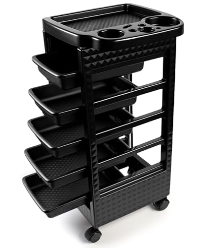 Hair Styling Salon Trolley Cart with Wheels and 5 Drawers,Salon Rolling Cart for Hair Stylist, Beauty Salon Equipment,Tattoo(Black)