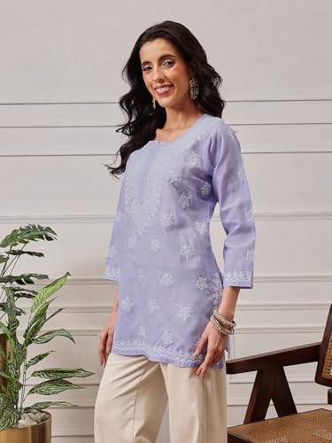 Image of Ada Hand Embroidered Lucknow Chikankari Straight Round Neck Cotton Blend Short Kurti Tunic Top for Women A911333