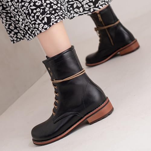 Alyaafifa Low Heel Lace Up Combat Booties for Women Leather Riding Ankle Boots Comfortable Closed Round Toe Short Boots with Zipper Outdoor Dress Shoes Daily Travel3