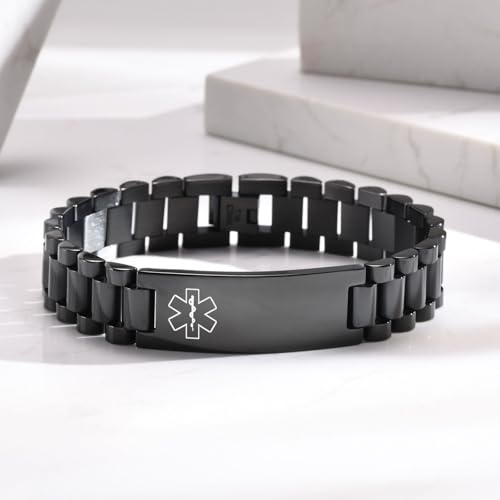 Medical ID Bracelet for Men: Free Engraving Black Masculine Watch Band Style Medical Alert Wristband Personalized Medic ID Bracelet Jewelry for Men2