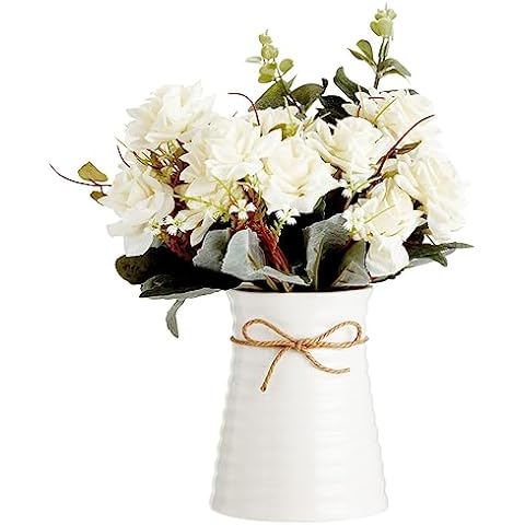 Farmlyn Creek White Roses Flower Vase, Silk Artificial Flowers Arrangement with Ceramic Pot (6.2 X 6.3 X 12 in) Cover
