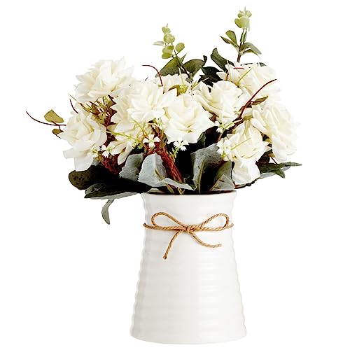 Farmlyn Creek White Roses Flower Vase, Silk Artificial Flowers Arrangement With Ceramic Pot cover