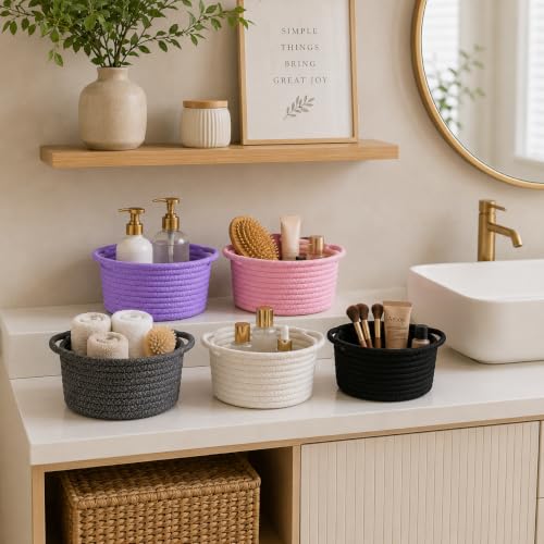 Image of Small Woven Basket Decorative Round Baskets for Gifts, 3-Pack Pink | Small Baskets with Handle, Cotton Rope Baskets for Organizing, Cute Mini Boho Round Storage Basket Bin, Empty Gift Basket