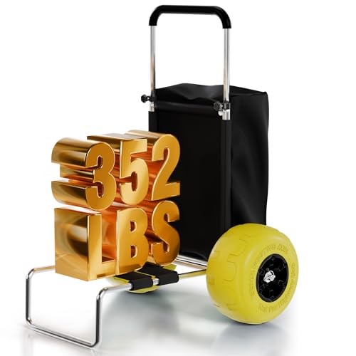 PYY Beach Cart with 13 Big Balloon Wheels for Sand - 352LBS Loading Capacity Lightweight Folding Aluminum Beach Dolly Wagon Trolley Buggy with 15*23 Large Cargo Deck 33-51.6 Adjustable Handle