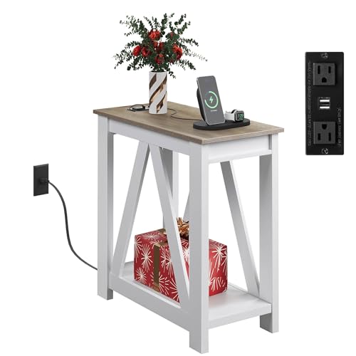 WLIVE Farmhouse End Table, Narrow Side Table with Charging Station, Slim End Table, Side Table for Bedroom, Living Room, Small Spaces, 2 USB and 2 Power Outlets, 11.8