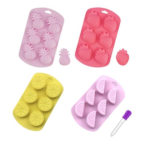 Naisfei 4 Pcs Fruit Shaped Jelly Molds 3D Mini Pineapple Strawberry Orange Blueberry Mulberry Candle Silicone Fruit Mold for Jelly Fondant Soap Gummy Cake Cupcake Topper Decoration with Dropper