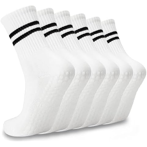 Popuid 6 Pairs Pilates Socks with Grips for Women, Non-Slip Yoga Striped Crew Socks for Barre Hospital Workout (White) Cover