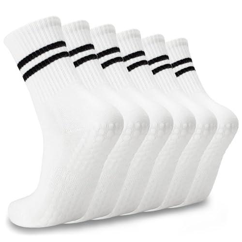 Popuid 6 Pairs Pilates Socks with Grips for Women, Non-Slip Yoga Striped Crew Socks for Barre Hospital Workout (White)