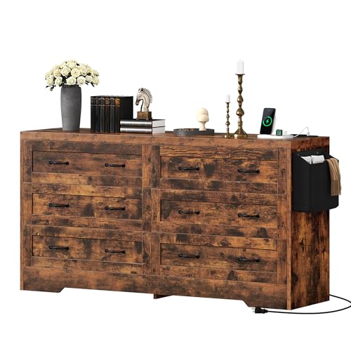 DWVO Farmhouse 6 Drawer Dresser for Bedroom, 60 Inch Large Modern Dresser TV Stand with Drawers & Bar Handles, Storage Dressers with Power Outlets, Rustic Wood Chest of Drawers, Rustic Brown