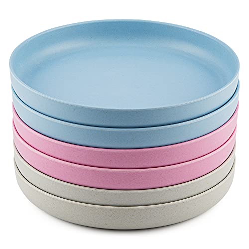 BAMBOO KING 7-Inch Bamboo Plates Pack of 6 - Colorful Raised-Edge Tableware Set for Kids & Adults - Pink, Blue & Gray Dinnerware for Camping, Picnic - Reusable, Sustainable, Dishwasher-Safe Dishes