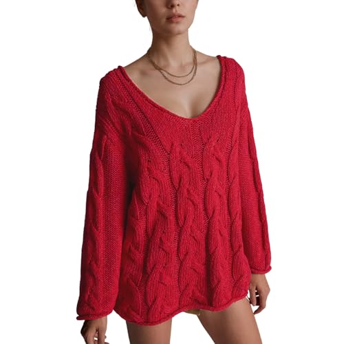 Image of Womens Oversized Off The Shoulder Sweaters Chunky Knit Wide V-Neck Tops Casual Slouchy Pullover Fall Outfits