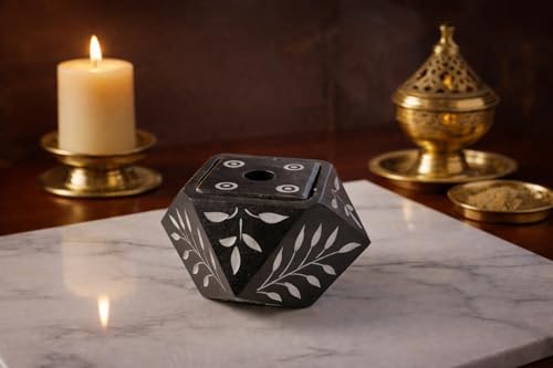 Image of Soapstone (Marble) Incense Stick Holder Agarbatti Stand Candle Holder Dhoop Stick Burner | for Pooja Puja at Mandir, Temple, Home, Office, Decorative Showpiece Black | Floral Carved