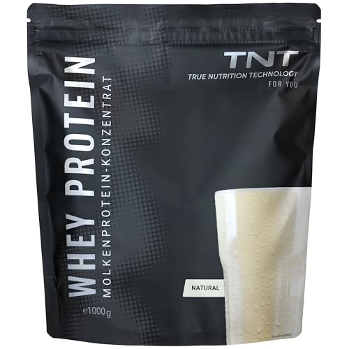TNT Whey Protein Pulver, 1kg, Natural ohne Zusätze • Eiweißpulver Konzentrat mit Laktase • Ideal zum Muskelaufbau und -erhalt • Mit EAAs und BCAAs (Verpackung kann variieren)