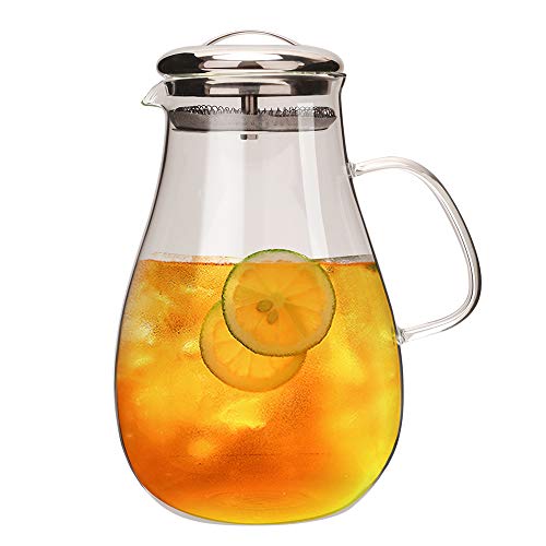 IDEALUX 66 Ounces Glass Pitcher with Stainless Steel Filter Lid, Heat Resistant Borosilicate Water Carafe,Coffee, Tea and Lemonade Pitcher for Hot/Cold Water
