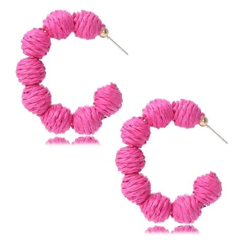 Raffia Rattan Hoop Dangle Earrings Round Circle Ball Straw Earrings for Women Hypoallergenic Handmade Bohemia Braid Straw Wicker Raffia Earrings, Metal Rattan, No Gemstone Cover