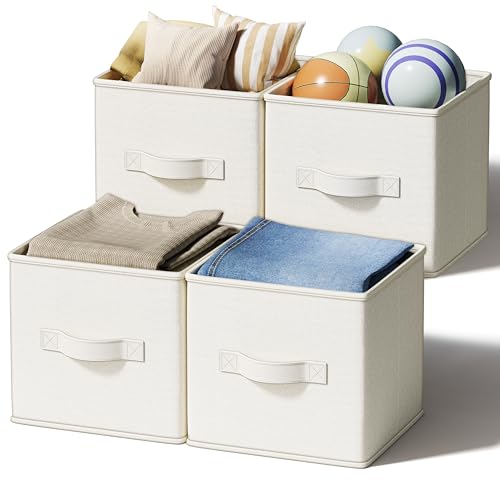 Image of LayerSpace 4 Pack Foldable Fabric Closet Storage Bins, 11Inch Organizer Cubes with Handles, Linen Storage Boxes for Clothes, Toys, Books and Home Organization, White& Ivory
