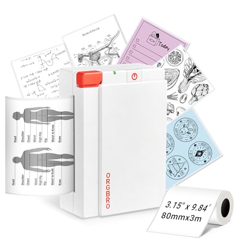 ORGBRO Sticker Printer, X3 Mini Bluetooth Thermal Portable Sticker Maker Supports 2-3 Inch Width, with 1 Roll Thermal Paper, Suitable for Study Notes, Photos, 300DPI Compatible with Phone, White