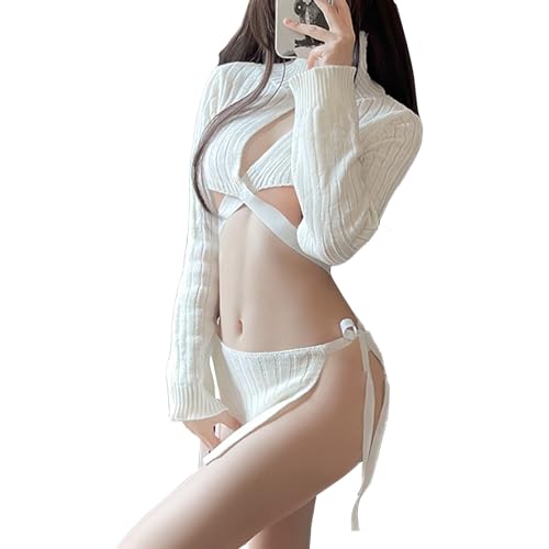 Image of YOMORIO Anime Virgin Killer Sweater Dress 2Pcs Japanese Turtleneck Knitted Underwear Backless Pullover,White-Set