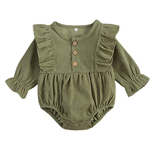 Image of Mubineo Infant Baby Girl Corduroy Basic Plain Ruffle Long Sleeve Romper Tops Clothes (Green, 6-12 Months)