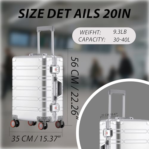 Tmore Aluminum Frame Luggage with Spinner Wheels, with TSA Locks Hard Shell Suitcase, Business 20" Silver Small2