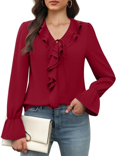 Funlingo Womens Dressy Casual Blouses Long Sleeve V Neck Fall Trendy Tunic Tops Business Work Ladies Elegant Ruffle Chiffon Shirts Wine Red L
