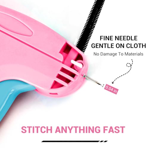 Image of Stitch Gun for Clothes - Handheld Quick Clothing Fixer - Tagging Gun for Clothing, Sewing Kit - Includes 6 Fine Needles, 1000 White & 1000 Black Fasteners (Pink Blue)