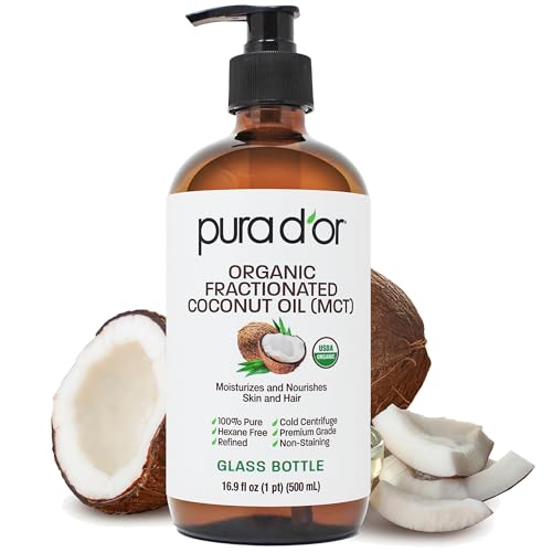 PURA D'OR 16.9 Oz ORGANIC Fractionated Coconut Oil MCT Oil (GLASS BOTTLE) 100% Pure & Natural USDA Certified Cold Pressed - Unscented, Hexane Free Moisturizer For Face, Skin & Hair Tonic - Men & Women