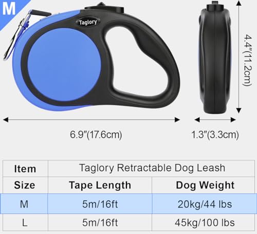 Taglory Hundeleine Rollleinen für Kleine und Mittelgroße Hunde bis 20kg, Hundeleine Ausziehbar mit Anti-Rutsch Griff, Ausziehleine mit Sicheres Bremssystem, Blau, 5m