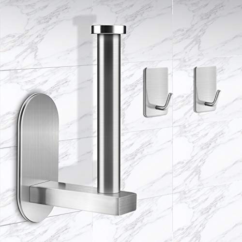 Toilettenpapierhalter ohne Bohren und zwei Edelstahlhaken, Alcoon Klopapierhalter 304 Edelstahl Gebürstet Wandhalter Papierhalter Selbstklebend, für Badzimmer und Küche