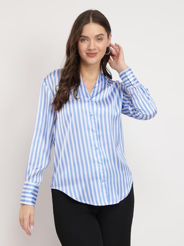 Image of FableStreet Women Formal Shirt | Relaxed Fit V-Neck Polka Dot Pattern with Pleated Detailing | Satin Fabric for Business Casual