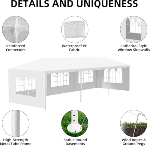 Image of 10x30 White Canopy Tent with 5 Removable Sidewalls and Windows, Waterproof Outdoor Party Gazebo Tent for Backyard Wedding Events BBQ Graduation