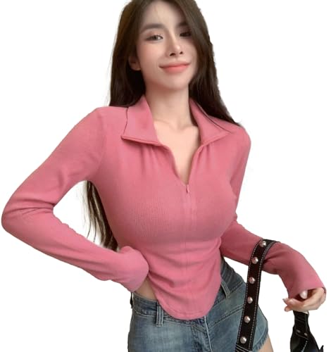 Image of Istyle Can Women's Top Solid Long Sleeve Ribbed Asymmetric Hem Casual T-Shirt with Zipper Collar. Full Sleeve, Rib Knit, Plain, Slim Fit