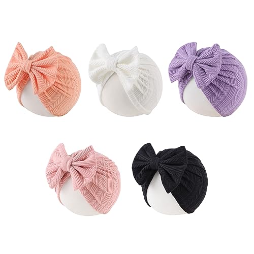 Image of Baby Girl Turban Newborn Beanies Hat 5 Pieces Cotton Infant Girls Headwraps Toddler Kids Hats 0-3 Years