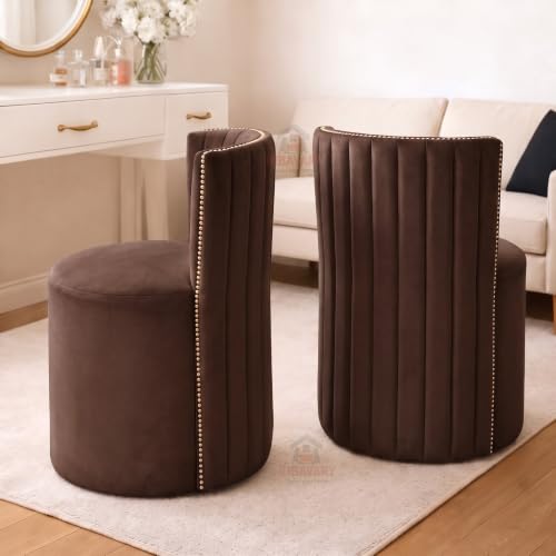 Image of Luxury Velvet Ottoman Chair Pouffe Stool-Modern Round Soft-Padded Chair for Dining Room, Living Room /Cafeteria Seating /Bedroom and Dressing Area /Ottoman with Backrest (Brown)