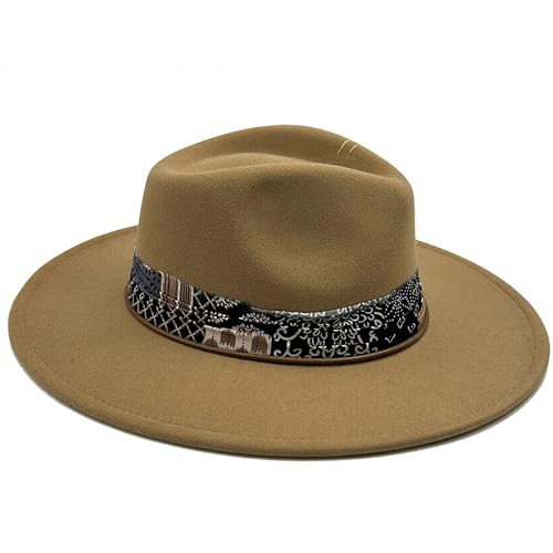 Image of Classic Wide Brim Fedora Hat for Women Man Floppy Panama Hat Western Felt Outdoor Hat with Band Sun Protection