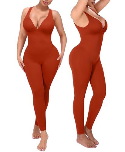 SHAPELLX Womens Red Tummy Control Jumpsuits for Yoga Deep V Neck One Piece Workout Outfits Bodycon Pants Romper (Red Medium)