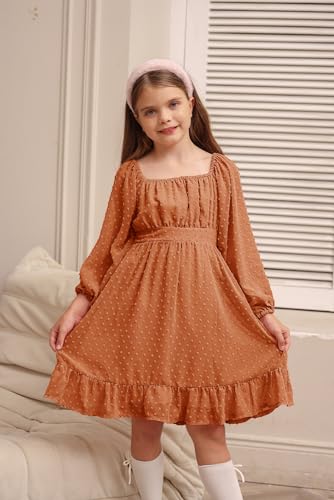 GRACE KARIN Girls Ruffle Tiered Dress Long Sleeve Swiss Dot Flowy A-Line Dress 6-14Y3